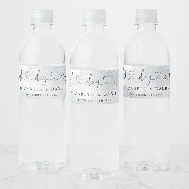Étiquette Pour Bouteilles D'eau Meilleur Jour Jamais Coeur Script Mariage d'hiver (Bouteilles)