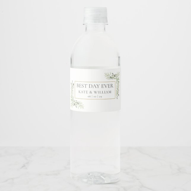 Étiquette Pour Bouteilles D'eau Meilleur Jour jamais verdoyant Foliage Mariage (Devant)