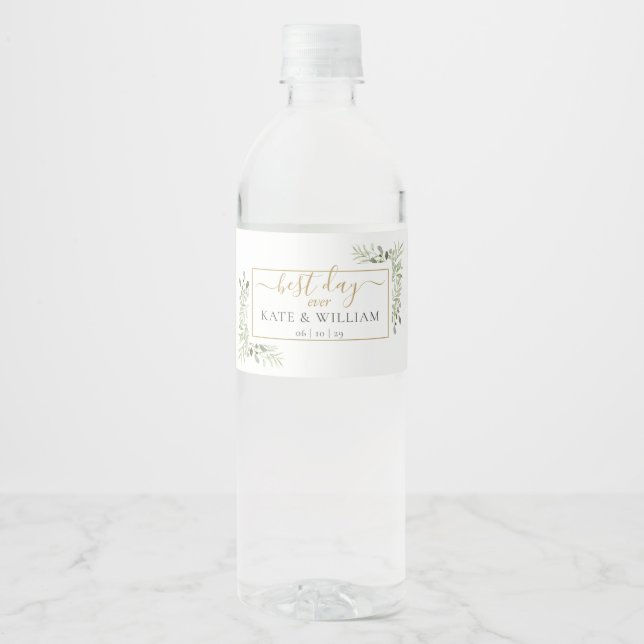 Étiquette Pour Bouteilles D'eau Meilleur Jour Toujours Élégant Mariage de verdure (Devant)