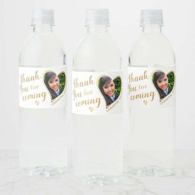Étiquette Pour Bouteilles D'eau Merci blanc et or Photo 2025 Graduation (Bouteilles)