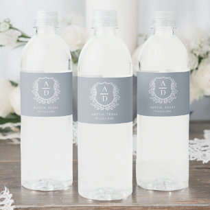Étiquette Pour Bouteilles D'eau Monogramme bleu foncé Mariage Floral Crest