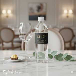 Étiquette Pour Bouteilles D'eau Monogramme Élégant Avec Noms de Couple Noir