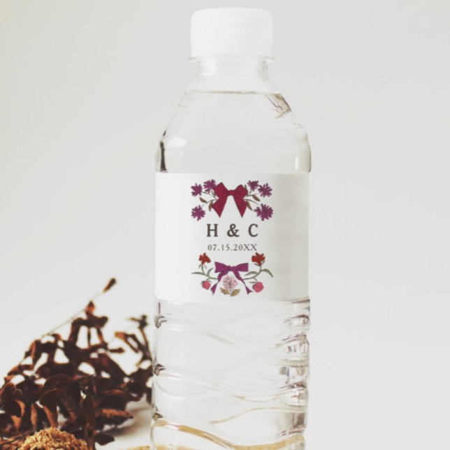Étiquette Pour Bouteilles D'eau Monogramme Mariage de fleurs de magenta (Créateur téléchargé)
