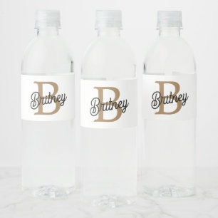 Étiquette Pour Bouteilles D'eau Monogramme moderne élégant Nom Black Gold Script