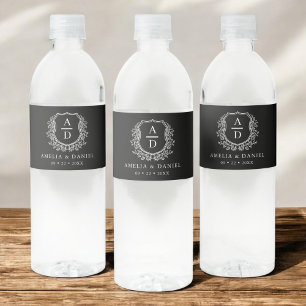 Étiquette Pour Bouteilles D'eau Monogramme noir Mariage Floral Crest