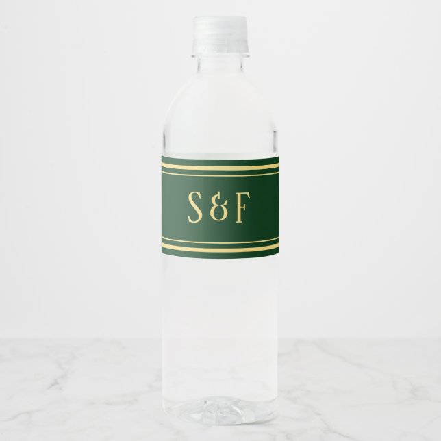 Étiquette Pour Bouteilles D'eau Monogramme vert et or (Devant)