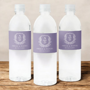 Étiquette Pour Bouteilles D'eau Monogramme violet Mariage botanique Floral Crest