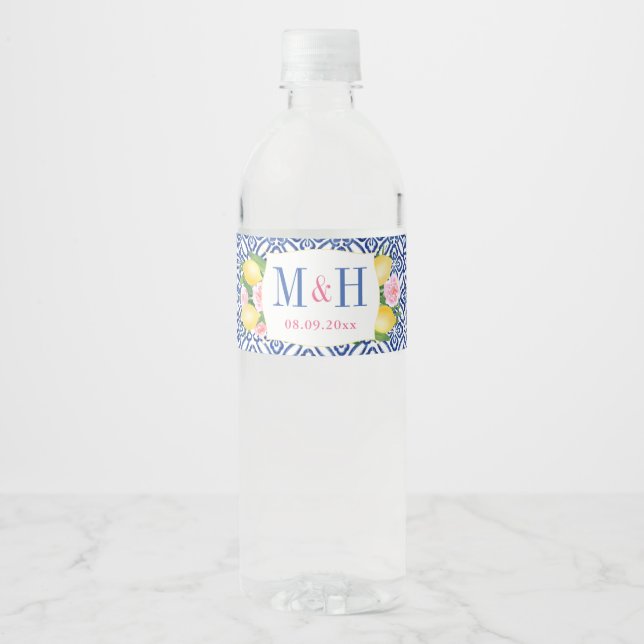 Étiquette Pour Bouteilles D'eau Monogrammes Lemons Carreaux bleus Wedding shower (Devant)