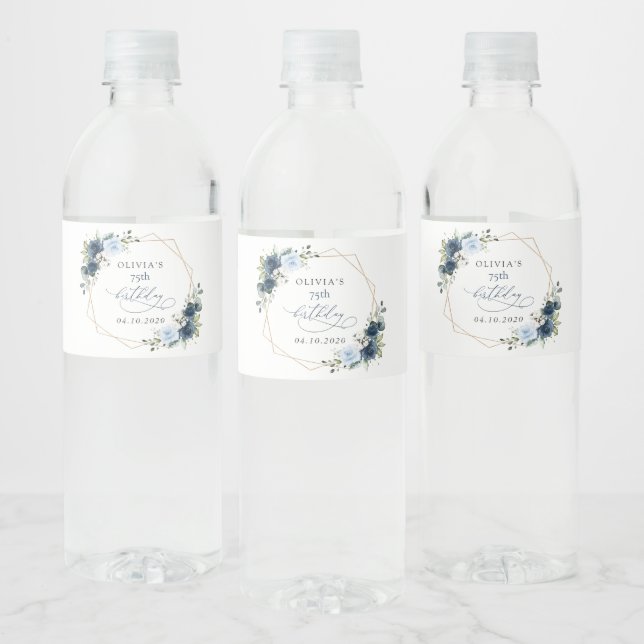 Étiquette Pour Bouteilles D'eau Navy Flowers, Blue Flowers, Greenery, Birthday (Bouteilles)