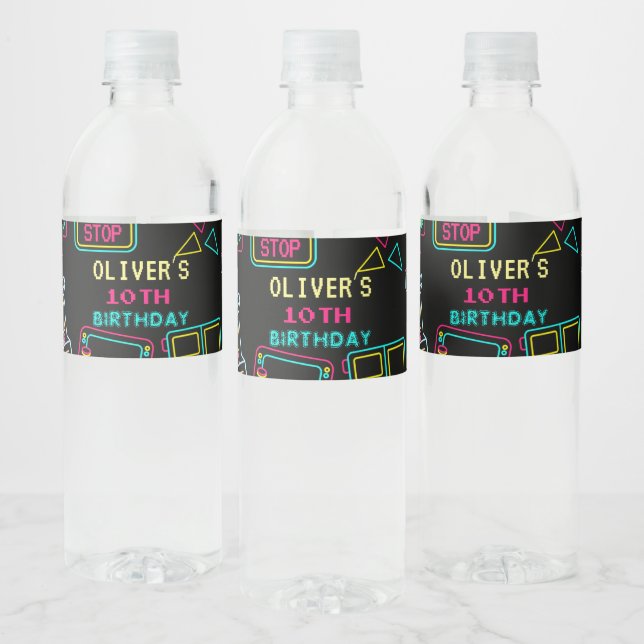 Étiquette Pour Bouteilles D'eau Neon Toute année jeux vidéo arcade anniversaire (Bouteilles)