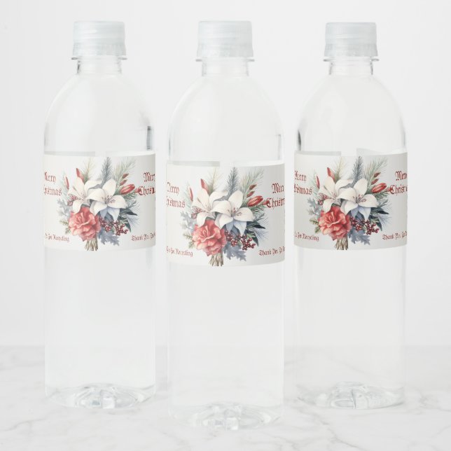 Étiquette Pour Bouteilles D'eau Noël Blanc Fleurs Rouges Vacances Élégant (Bouteilles)