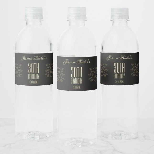 Étiquette Pour Bouteilles D'eau Noir Élégant Floral Adulte Anniversaire (Bouteilles)