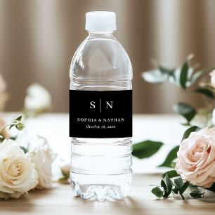 Étiquette Pour Bouteilles D'eau Noir minimal et chic   Mariage monogramme