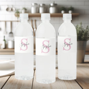 Étiquette Pour Bouteilles D'eau Nom personnalisé moderne Monogramme rose