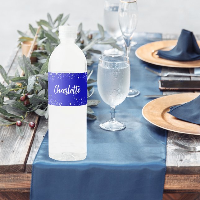 Étiquette Pour Bouteilles D'eau Nom royal bleu argent étincelant (Créateur téléchargé)