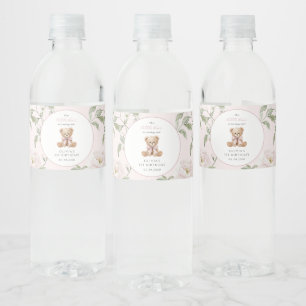 Étiquette Pour Bouteilles D'eau Nounours en peluche, Nœud rose, Fleurs roses, Prem