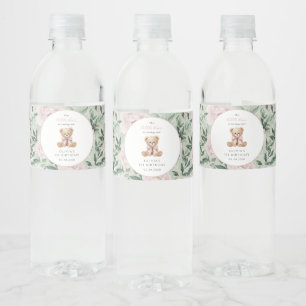 Étiquette Pour Bouteilles D'eau Nounours en peluche, Nœud rose, Fleurs roses, Prem