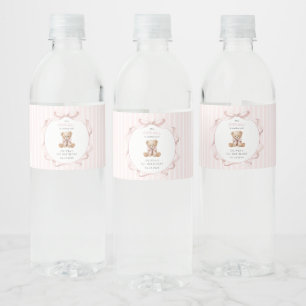 Étiquette Pour Bouteilles D'eau Nounours en peluche, Nœud rose, Rayures roses, Pre