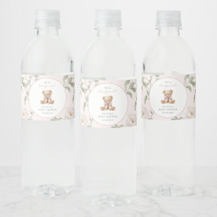 Étiquette Pour Bouteilles D'eau Nounours rose, ruban rose, fleurs roses, Baby Show