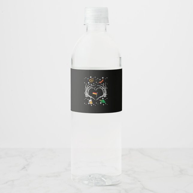 Étiquette Pour Bouteilles D'eau Oktoberfest Skeleton Drapeau de coeur main alleman (Devant)