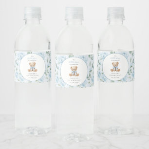 Étiquette Pour Bouteilles D'eau Ours en peluche, Nœud bleu, Fleurs bleues, Premier