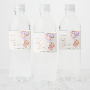Étiquette Pour Bouteilles D'eau Ours, Ours mignon, Ballons pourpres, Baby shower