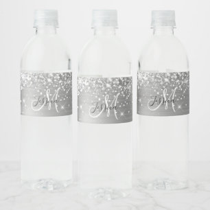 Étiquette Pour Bouteilles D'eau Pailleté Argenté Monogramme Noir et Blanc