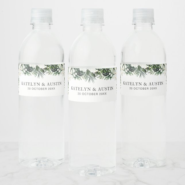 Étiquette Pour Bouteilles D'eau palmier tropical feuille verdure fleurie mariage (Bouteilles)