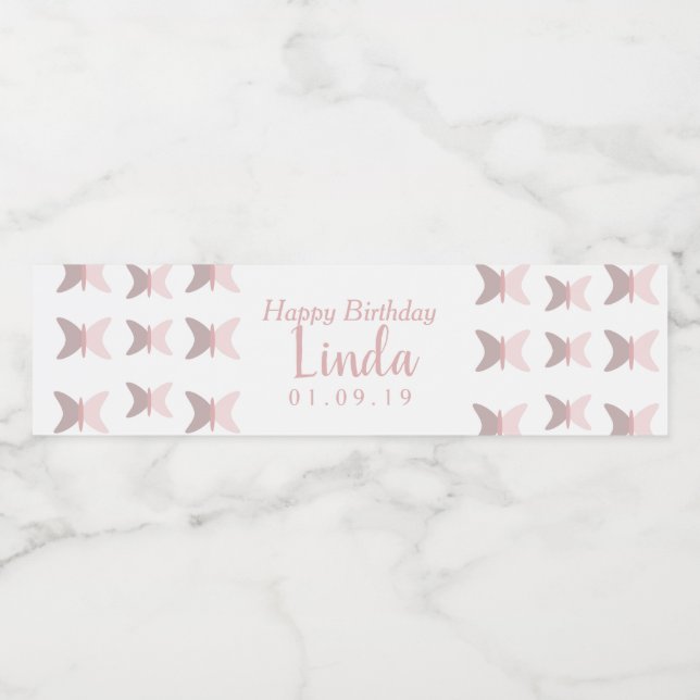 Étiquette Pour Bouteilles D'eau Papillons roses simple joyeux anniversaire (Étiquettes simples)