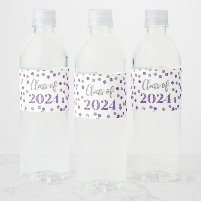 Étiquette Pour Bouteilles D'eau Parties scintillant d'argent violet Confetti Gradu (Bouteilles)