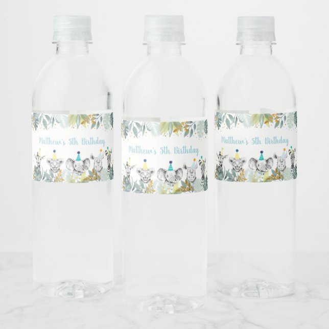 Étiquette Pour Bouteilles D'eau Party Animal Blue Gold Safari Anniversaire (Bouteilles)