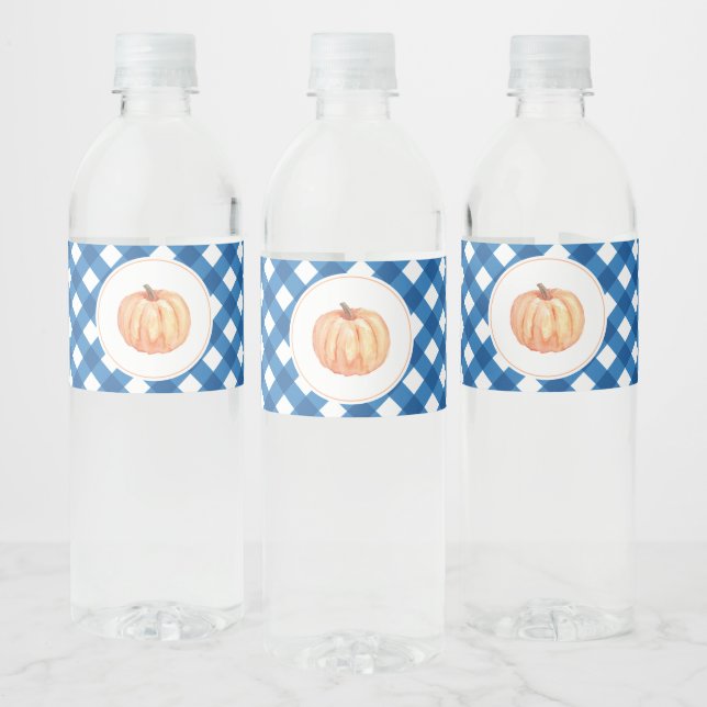 Étiquette Pour Bouteilles D'eau Petit Citrouille bleu plaid premier anniversaire (Bouteilles)