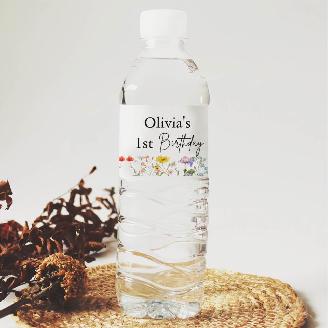 Étiquette Pour Bouteilles D'eau Petit Fleur sauvage 1ère fille Anniversaire (Créateur téléchargé)