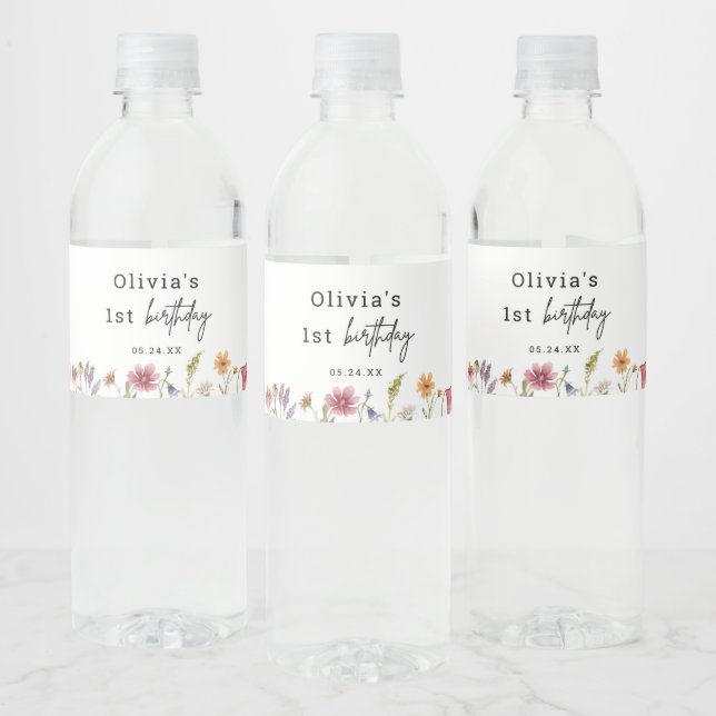 Étiquette Pour Bouteilles D'eau Petite Fleur sauvage 1ère Fille Anniversaire Faveu (Bouteilles)