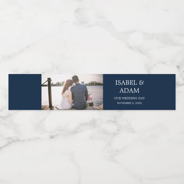 Étiquette Pour Bouteilles D'eau Photo mariage Custom Navy Blue (Étiquettes simples)