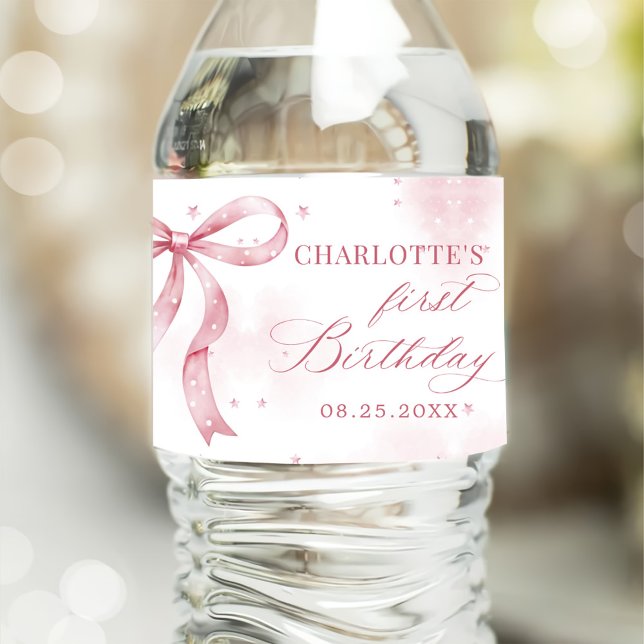 Étiquette Pour Bouteilles D'eau Pink Bow Girl 1er anniversaire (Créateur téléchargé)