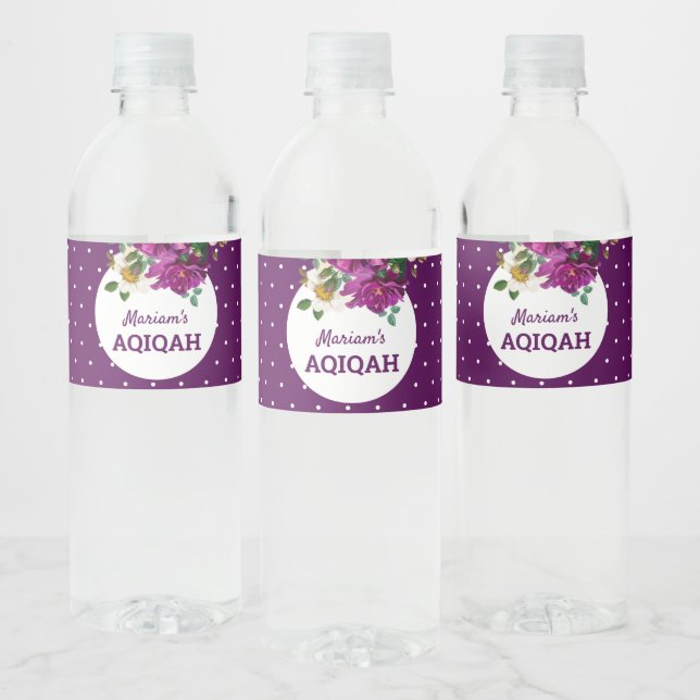 Étiquette Pour Bouteilles D'eau Pois floraux pourpres modernes Aqiqah (Bouteilles)