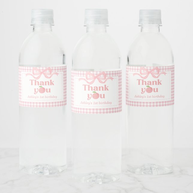 Étiquette Pour Bouteilles D'eau Premier anniversaire de Peach En vichy rose (Bouteilles)