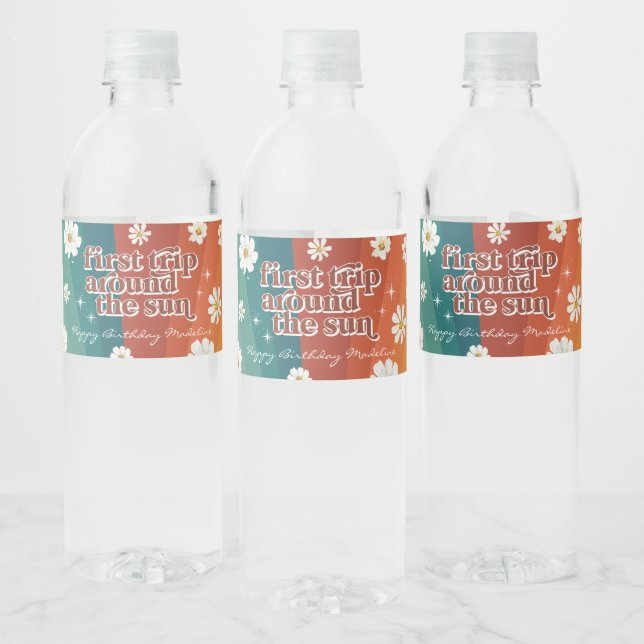 Étiquette Pour Bouteilles D'eau Premier voyage autour du soleil | Retro Daisy Rain (Bouteilles)