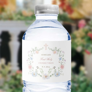 Étiquette Pour Bouteilles D'eau Première communion de cadre floral élégant