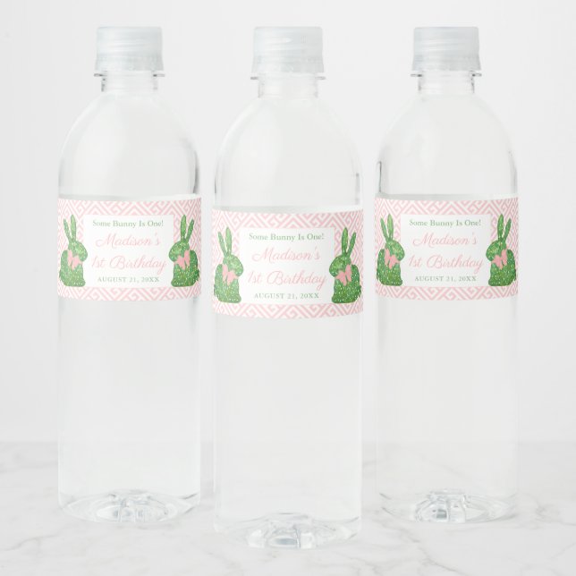 Étiquette Pour Bouteilles D'eau Preppy Quelques Bunny Rose & Vert 1er Anniversaire (Bouteilles)