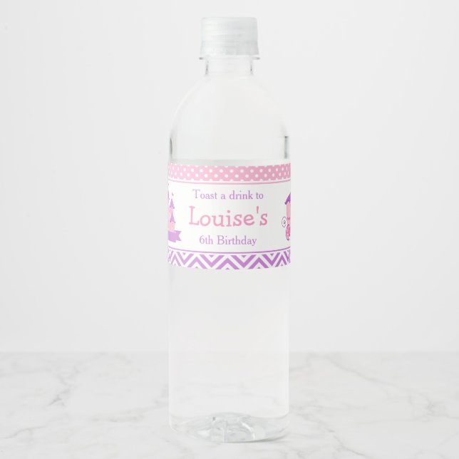 Étiquette Pour Bouteilles D'eau Princesse Anniversaire rose et violet (Devant)