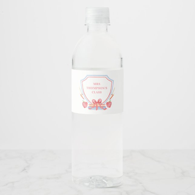 Étiquette Pour Bouteilles D'eau Professeur personnalisé | Crest de classe (Devant)