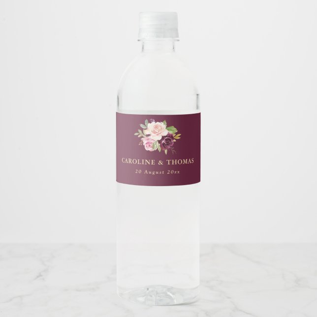 Étiquette Pour Bouteilles D'eau prune violette & pêche mariage floral (Devant)