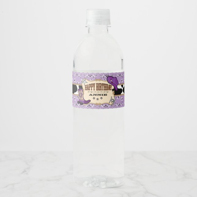Étiquette Pour Bouteilles D'eau Purple Cowgirl, fête d'anniversaire occidentale (Devant)