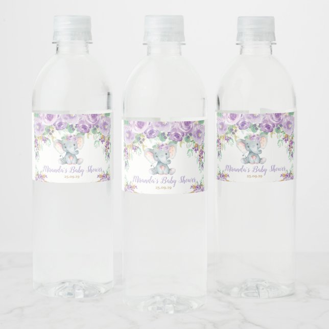 Étiquette Pour Bouteilles D'eau Purple Floral mignon Eléphant Baby shower fille (Bouteilles)