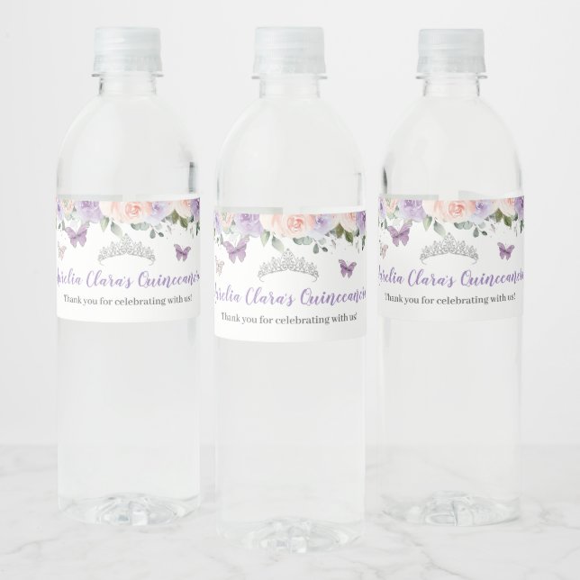 Étiquette Pour Bouteilles D'eau Quinceañera Blush Lilac Floral Papillons en argent (Bouteilles)