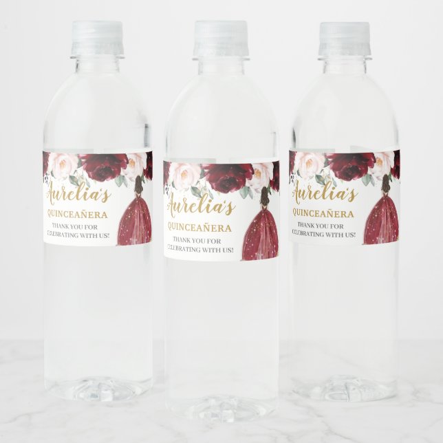 Étiquette Pour Bouteilles D'eau Quinceañera Bourgogne Blush Floral Anniversaire Fa (Bouteilles)