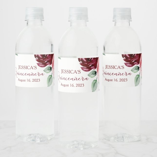 Étiquette Pour Bouteilles D'eau Quinceanera Bourgogne Parties scintillant rouge Ét (Bouteilles)