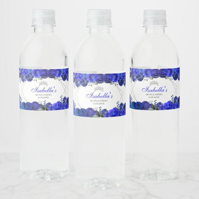 Étiquette Pour Bouteilles D'eau Quinceanera Florale Bleue Royale et Argent (Bouteilles)